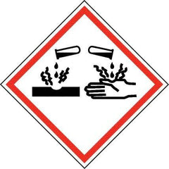 NMC - Hazardous Materials Label, Header: Corrosive Warning - Legend: GHS - Graphic, English, Black & Red, 4" Long x 4" High, No Coating - Apex Tool & Supply