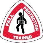 NMC - Fall Protection Trained, Hard Hat Label - Round, Black & Red on White, 0.004" Thick, Indoor or Outdoor, Adhesive Backed, For Accident Prevention - Apex Tool & Supply