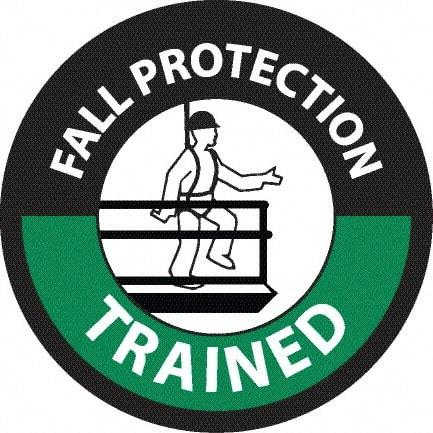 NMC - Fall Protection Trained, Hard Hat Label - Diamond, White & Green on Black, 0.004" Thick, Indoor or Outdoor, Adhesive Backed, For Accident Prevention - Apex Tool & Supply