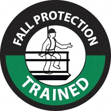 NMC - Fall Protection Trained, Hard Hat Label - Round, White & Green on Black, 0.004" Thick, Indoor or Outdoor, Adhesive Backed, For Accident Prevention - Apex Tool & Supply