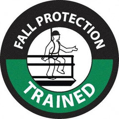 NMC - Fall Protection Trained, Hard Hat Label - Round, White & Green on Black, 0.004" Thick, Indoor or Outdoor, Adhesive Backed, For Accident Prevention - Apex Tool & Supply