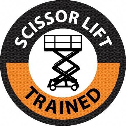 NMC - Scissor Lift Trained, Hard Hat Label - Round, Black & Orange on White, 0.004" Thick, Indoor or Outdoor, Adhesive Backed, For Accident Prevention - Apex Tool & Supply