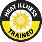 NMC - Heat Illness Trained, Hard Hat Label - Round, White & Yellow on Black, 0.004" Thick, Indoor or Outdoor, Adhesive Backed, For Accident Prevention - Apex Tool & Supply