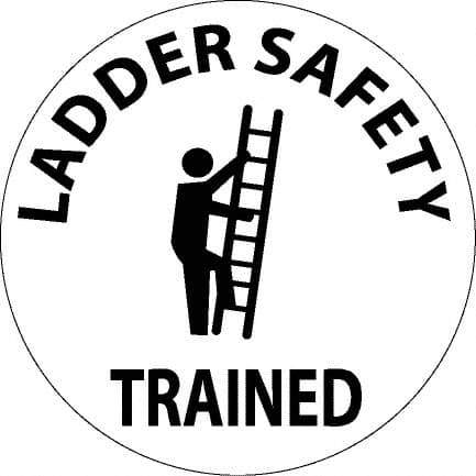 NMC - Ladder Safety Trained, Hard Hat Label - Round, Black on White, 0.004" Thick, Indoor or Outdoor, Adhesive Backed, For Accident Prevention - Apex Tool & Supply