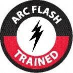 NMC - Arc Flash Trained, Hard Hat Label - Round, White & Red on Black, 0.004" Thick, Indoor or Outdoor, Adhesive Backed, For Accident Prevention - Apex Tool & Supply