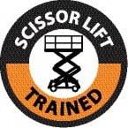 NMC - Scissor Lift Trained, Hard Hat Label - Round, Black & Orange on White, 0.004" Thick, Indoor or Outdoor, Adhesive Backed, For Accident Prevention - Apex Tool & Supply