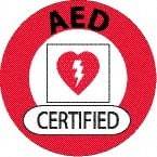 NMC - AED Certified, Hard Hat Label - Round, Black & Red on White, 0.004" Thick, Indoor or Outdoor, Adhesive Backed, For Certified Operator - Apex Tool & Supply