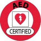 NMC - AED Certified, Hard Hat Label - Round, Black & Red on White, 0.004" Thick, Indoor or Outdoor, Adhesive Backed, For Certified Operator - Apex Tool & Supply
