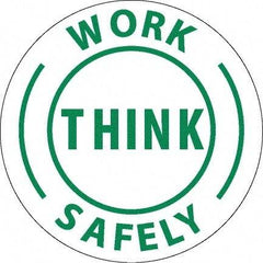 NMC - Work Think Safely, Hard Hat Label - Round, Green on White, 0.004" Thick, Indoor or Outdoor, Adhesive Backed, For Accident Prevention - Apex Tool & Supply