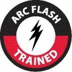 NMC - Arc Flash Trained, Hard Hat Label - Round, White & Red on Black, 0.004" Thick, Indoor or Outdoor, Adhesive Backed, For Accident Prevention - Apex Tool & Supply