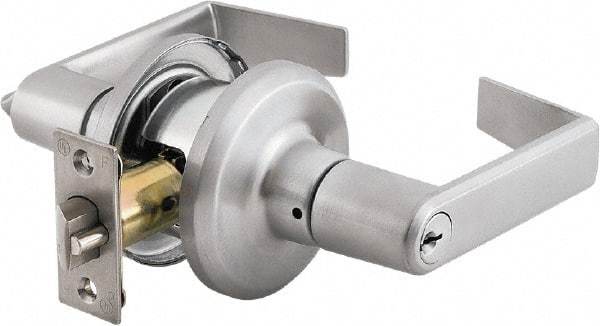 Stanley - Grade 2 Storeroom Lever Lockset - 2-3/8 & 2-3/4" Back Set, Brass Alloy, Satin Chrome Finish - Apex Tool & Supply