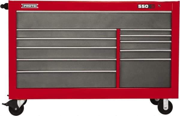 Proto - 35,917 Lb Capacity, 11 Drawer Mobile Workstation - 66" Wide x 27" Deep x 46" High, Steel, Safety Red & Gray - Apex Tool & Supply