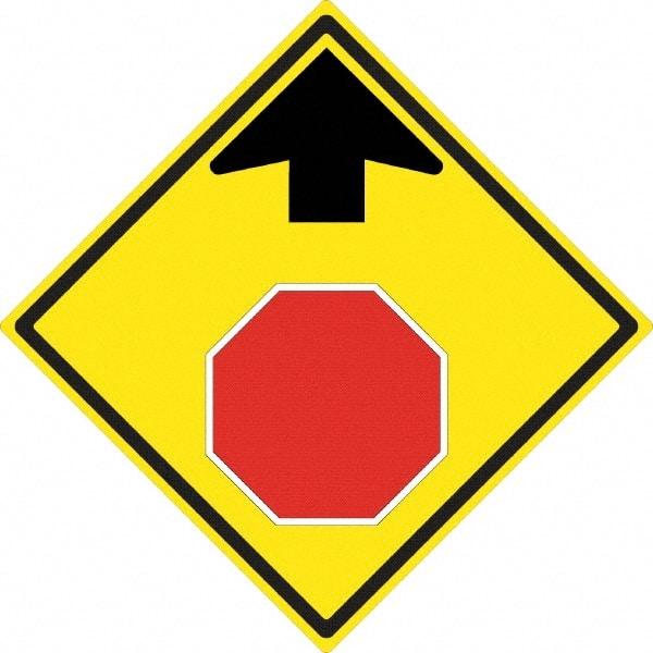 NMC - "Up Arrow, Stop Symbol", 24" Wide x 24" High, Aluminum Stop & Yield Signs - 0.08" Thick, Red & Black on Yellow, High Intensity Reflectivity, Diamond, Post Mount - Apex Tool & Supply