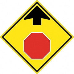 NMC - "Up Arrow, Stop Symbol", 24" Wide x 24" High, Aluminum Stop & Yield Signs - 0.08" Thick, Red & Black on Yellow, High Intensity Reflectivity, Diamond, Post Mount - Apex Tool & Supply
