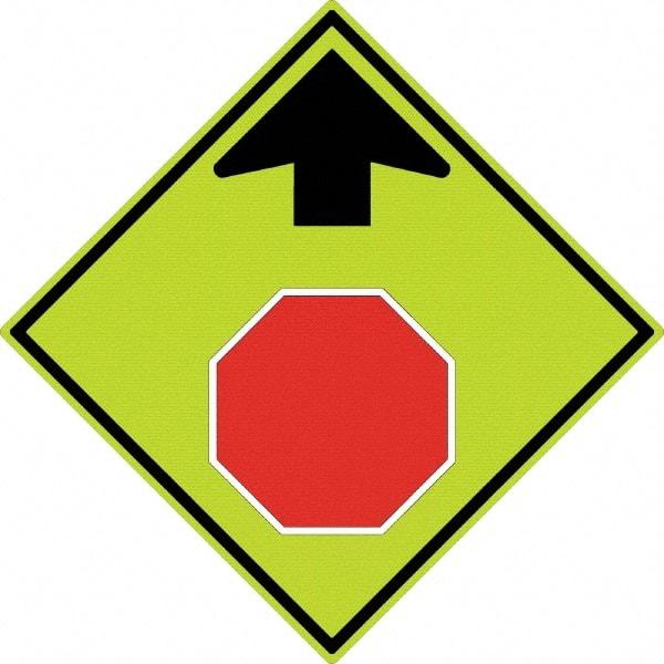 NMC - "Up Arrow, Stop Symbol", 30" Wide x 30" High, Aluminum Stop & Yield Signs - 0.08" Thick, Red & Black on Yellow, Diamond Grade Reflectivity, Diamond, Post Mount - Apex Tool & Supply