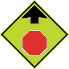 NMC - "Up Arrow, Stop Symbol", 30" Wide x 30" High, Aluminum Stop & Yield Signs - 0.08" Thick, Red & Black on Yellow, Diamond Grade Reflectivity, Diamond, Post Mount - Apex Tool & Supply