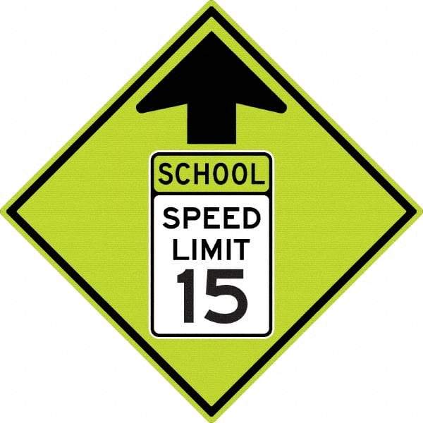 NMC - "School Speed Limit 15", "Up Arrow", 30" Wide x 30" High, Aluminum Warning & Safety Reminder Signs - 0.08" Thick, Black/Green, Diamond Grade Reflectivity, Diamond, Post Mount - Apex Tool & Supply