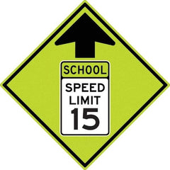 NMC - "School Speed Limit 15", "Up Arrow", 30" Wide x 30" High, Aluminum Warning & Safety Reminder Signs - 0.08" Thick, Black/Green, Diamond Grade Reflectivity, Diamond, Post Mount - Apex Tool & Supply