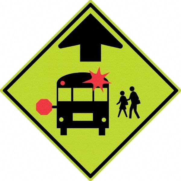 NMC - "School Bus", 30" Wide x 30" High, Aluminum Warning & Safety Reminder Signs - 0.08" Thick, Red & Black on Yellow, Diamond Grade Reflectivity, Diamond, Post Mount - Apex Tool & Supply