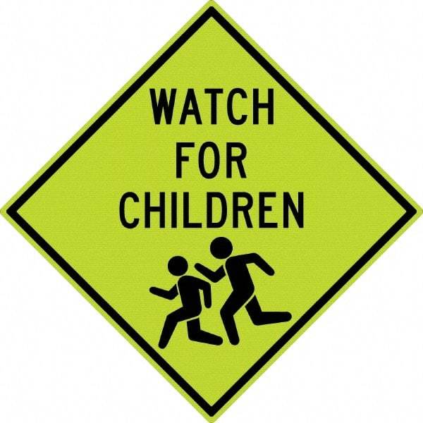 NMC - "Watch For Children", "Children Running", 30" Wide x 30" High, Aluminum Warning & Safety Reminder Signs - 0.08" Thick, Black on Yellow, Diamond Grade Reflectivity, Diamond, Post Mount - Apex Tool & Supply