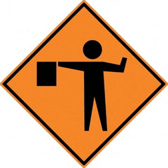NMC - "Worker w/Directional Flag", 30" Wide x 30" High, Aluminum Construction Roadway Signs - 0.08" Thick, Black on Orange, High Intensity Reflectivity, Diamond, Post Mount - Apex Tool & Supply