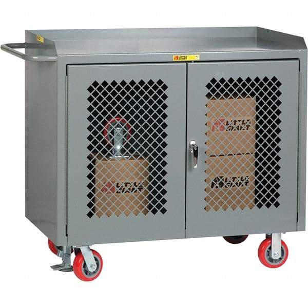 Little Giant - 3,600 Lb Capacity, 2 Shelf, 2 Door Mobile Cabinet Bench - 41" Wide x 24" Deep x 43" High, Steel, Gray - Apex Tool & Supply