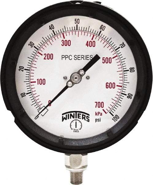 Winters - 4-1/2" Dial, 1/4 Thread, 0-100 Scale Range, Pressure Gauge - Bottom Connection Mount, Accurate to ±0.5% of Scale - Apex Tool & Supply