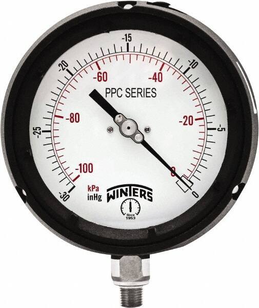 Winters - 4-1/2" Dial, 1/4 Thread, 30-0 Hg VAC Scale Range, Pressure Gauge - Bottom Connection Mount, Accurate to ±0.5% of Scale - Apex Tool & Supply