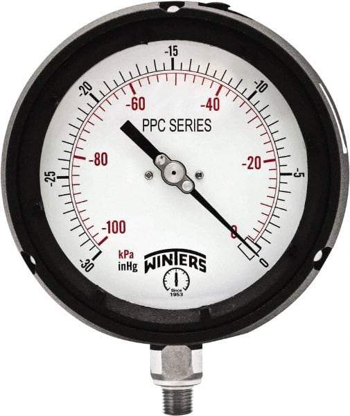Winters - 4-1/2" Dial, 1/4 Thread, 30" HG Vac Scale Range, Pressure Gauge - Bottom Connection Mount, Accurate to ±0.5% of Scale - Apex Tool & Supply