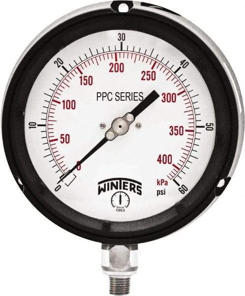Winters - 4-1/2" Dial, 1/4 Thread, 0-60 Scale Range, Pressure Gauge - Bottom Connection Mount, Accurate to ±0.5% of Scale - Apex Tool & Supply