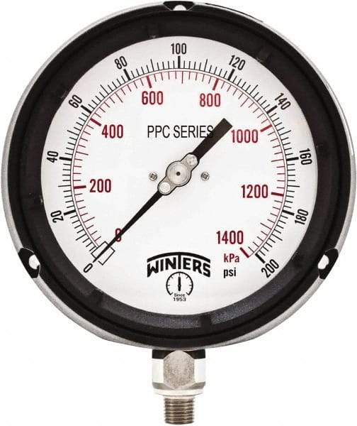 Winters - 4-1/2" Dial, 1/4 Thread, 0-200 Scale Range, Pressure Gauge - Bottom Connection Mount, Accurate to ±0.5% of Scale - Apex Tool & Supply