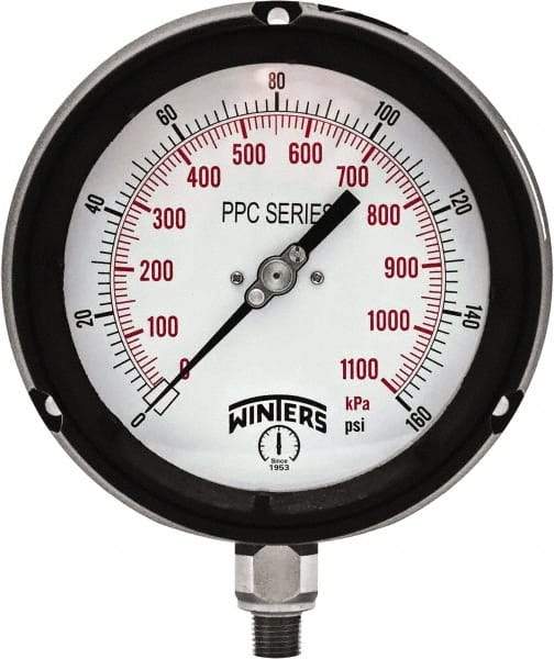 Winters - 4-1/2" Dial, 1/4 Thread, 0-160 Scale Range, Pressure Gauge - Bottom Connection Mount, Accurate to ±0.5% of Scale - Apex Tool & Supply