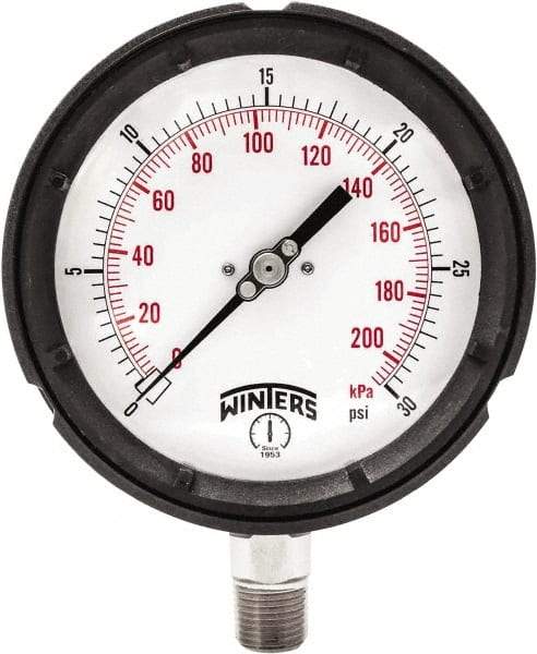 Winters - 4-1/2" Dial, 1/4 Thread, 0-30 Scale Range, Pressure Gauge - Bottom Connection Mount, Accurate to ±0.5% of Scale - Apex Tool & Supply