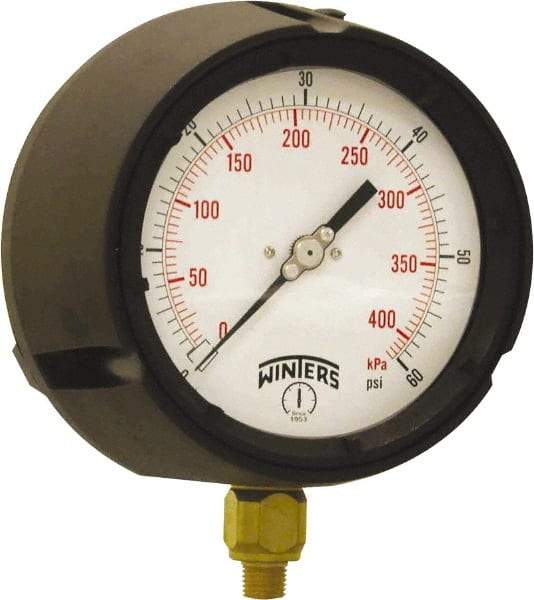 Winters - 4-1/2" Dial, 1/4 Thread, 0-60 Scale Range, Pressure Gauge - Bottom Connection Mount, Accurate to ±0.5% of Scale - Apex Tool & Supply