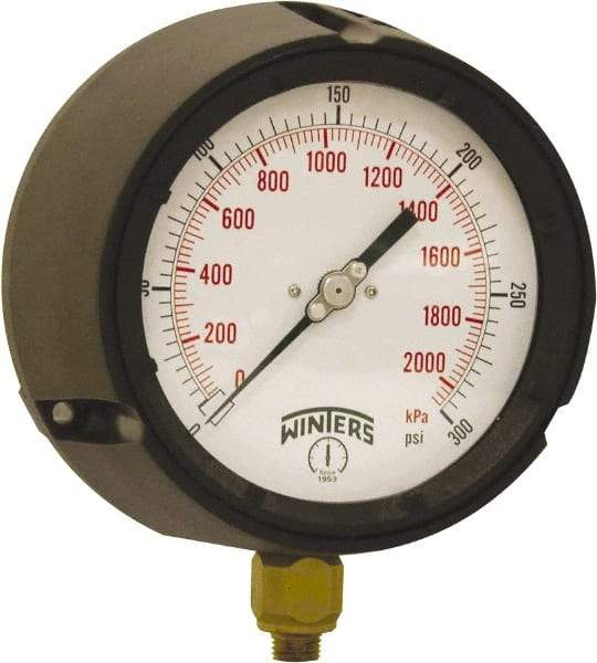 Winters - 4-1/2" Dial, 1/4 Thread, 0-300 Scale Range, Pressure Gauge - Bottom Connection Mount, Accurate to ±0.5% of Scale - Apex Tool & Supply