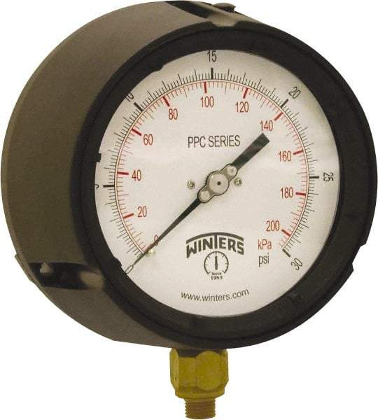 Winters - 4-1/2" Dial, 1/4 Thread, 0-30 Scale Range, Pressure Gauge - Bottom Connection Mount, Accurate to ±0.5% of Scale - Apex Tool & Supply