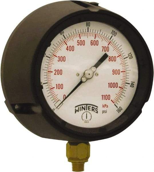 Winters - 4-1/2" Dial, 1/4 Thread, 0-160 Scale Range, Pressure Gauge - Bottom Connection Mount, Accurate to ±0.5% of Scale - Apex Tool & Supply