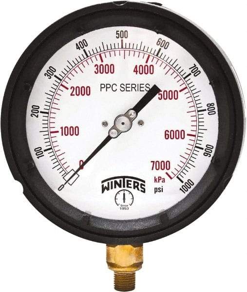 Winters - 4-1/2" Dial, 1/4 Thread, 0-1,000 Scale Range, Pressure Gauge - Bottom Connection Mount, Accurate to ±0.5% of Scale - Apex Tool & Supply