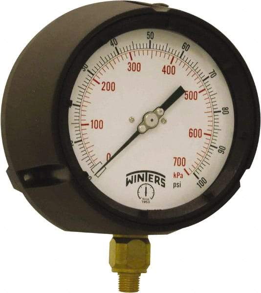 Winters - 4-1/2" Dial, 1/4 Thread, 0-100 Scale Range, Pressure Gauge - Bottom Connection Mount, Accurate to ±0.5% of Scale - Apex Tool & Supply