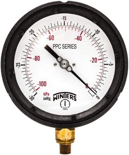 Winters - 4-1/2" Dial, 1/4 Thread, 30-0 Hg VAC Scale Range, Pressure Gauge - Bottom Connection Mount, Accurate to ±0.5% of Scale - Apex Tool & Supply