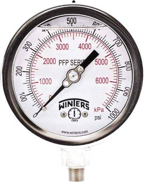 Winters - 4" Dial, 1/4 Thread, 0-1,000 Scale Range, Pressure Gauge - Bottom Connection Mount, Accurate to 1% Full-Scale of Scale - Apex Tool & Supply