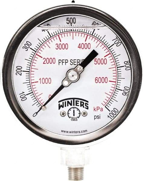 Winters - 4" Dial, 1/4 Thread, 0-1,000 Scale Range, Pressure Gauge - Bottom Connection Mount, Accurate to 1% Full-Scale of Scale - Apex Tool & Supply