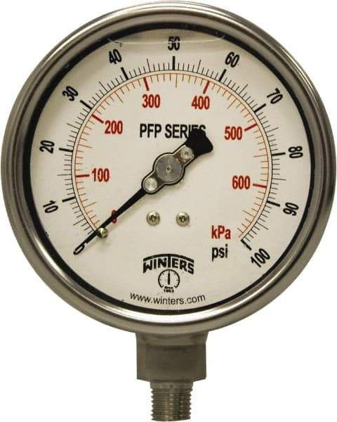 Winters - 4" Dial, 1/4 Thread, 0-100 Scale Range, Pressure Gauge - Bottom Connection Mount, Accurate to 1% Full-Scale of Scale - Apex Tool & Supply