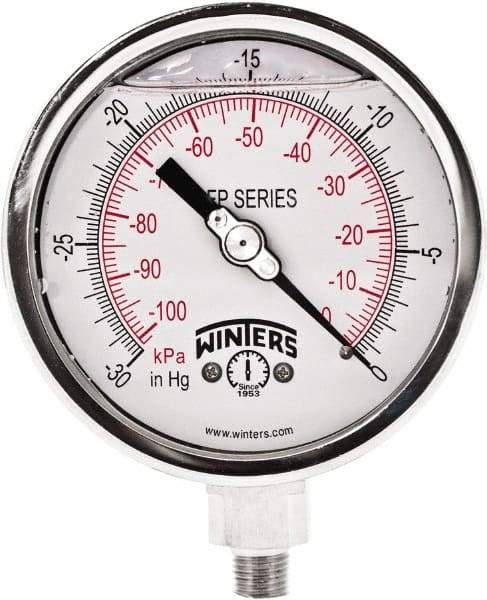 Winters - 4" Dial, 1/4 Thread, 30" HG Vac Scale Range, Pressure Gauge - Bottom Connection Mount, Accurate to 0.01% of Scale - Apex Tool & Supply
