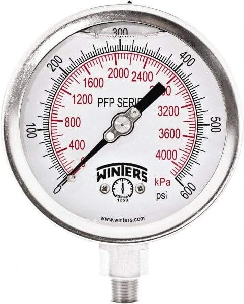 Winters - 4" Dial, 1/4 Thread, 0-600 Scale Range, Pressure Gauge - Bottom Connection Mount, Accurate to 1% Full-Scale of Scale - Apex Tool & Supply