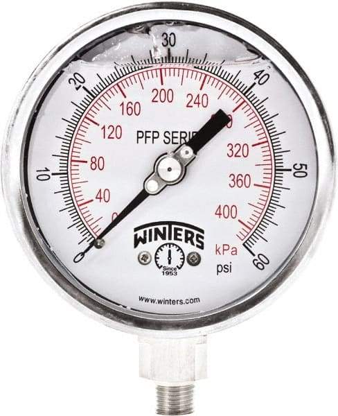 Winters - 4" Dial, 1/4 Thread, 0-60 Scale Range, Pressure Gauge - Bottom Connection Mount, Accurate to 1% Full-Scale of Scale - Apex Tool & Supply