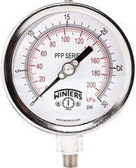 Winters - 4" Dial, 1/4 Thread, 0-30 Scale Range, Pressure Gauge - Bottom Connection Mount, Accurate to 0.01% of Scale - Apex Tool & Supply
