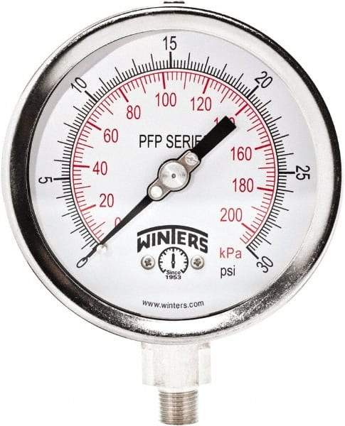 Winters - 4" Dial, 1/4 Thread, 0-30 Scale Range, Pressure Gauge - Bottom Connection Mount, Accurate to 0.01% of Scale - Apex Tool & Supply