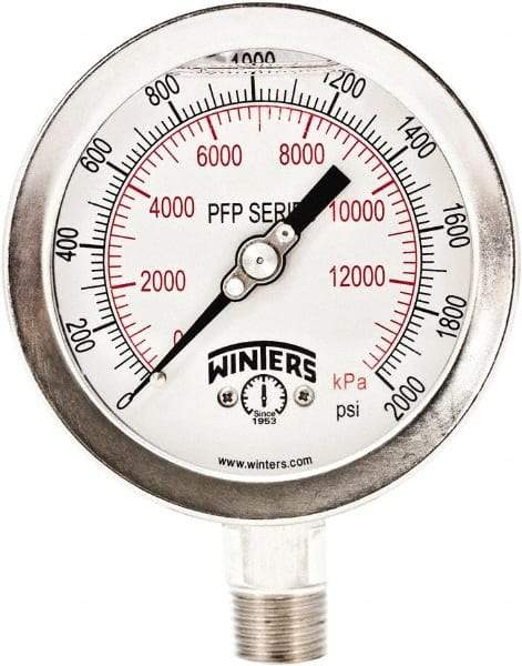 Winters - 4" Dial, 1/4 Thread, 0-2,000 Scale Range, Pressure Gauge - Bottom Connection Mount, Accurate to 0.01% of Scale - Apex Tool & Supply