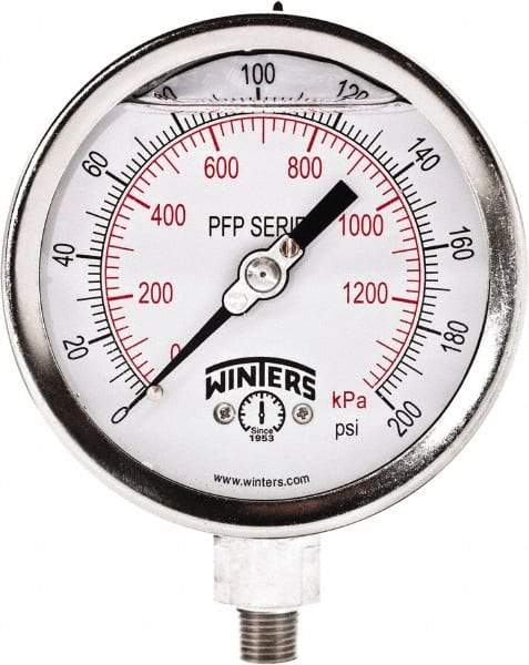 Winters - 4" Dial, 1/4 Thread, 0-200 Scale Range, Pressure Gauge - Bottom Connection Mount, Accurate to 1% Full-Scale of Scale - Apex Tool & Supply